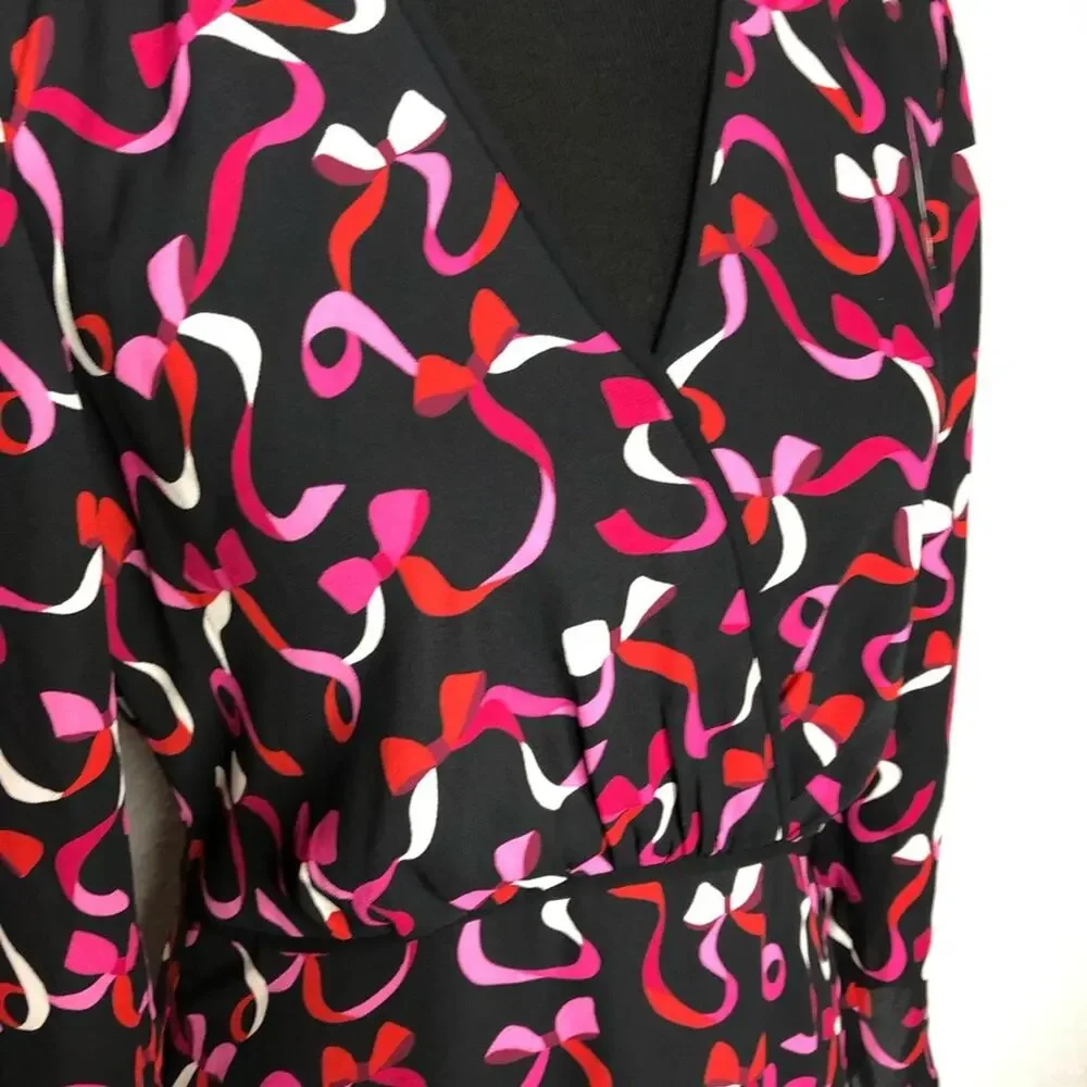 Kate Spade black red pink ribbon bow v neck dress size 4